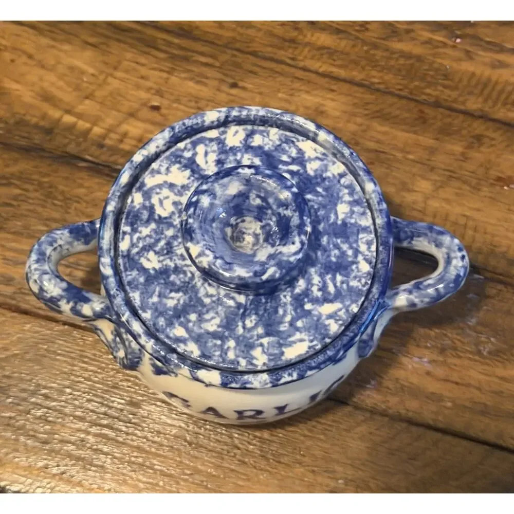 Vintage Hand Made Stoneware GARLIC KEEPER Jar Blue White Artist Signed 3820/68